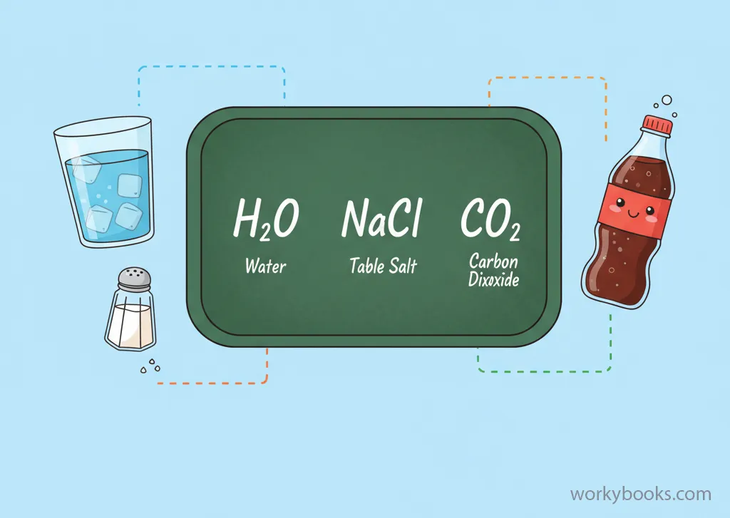 Various chemical formulas written on a chalkboard with common household items like water, salt, and sugar nearby