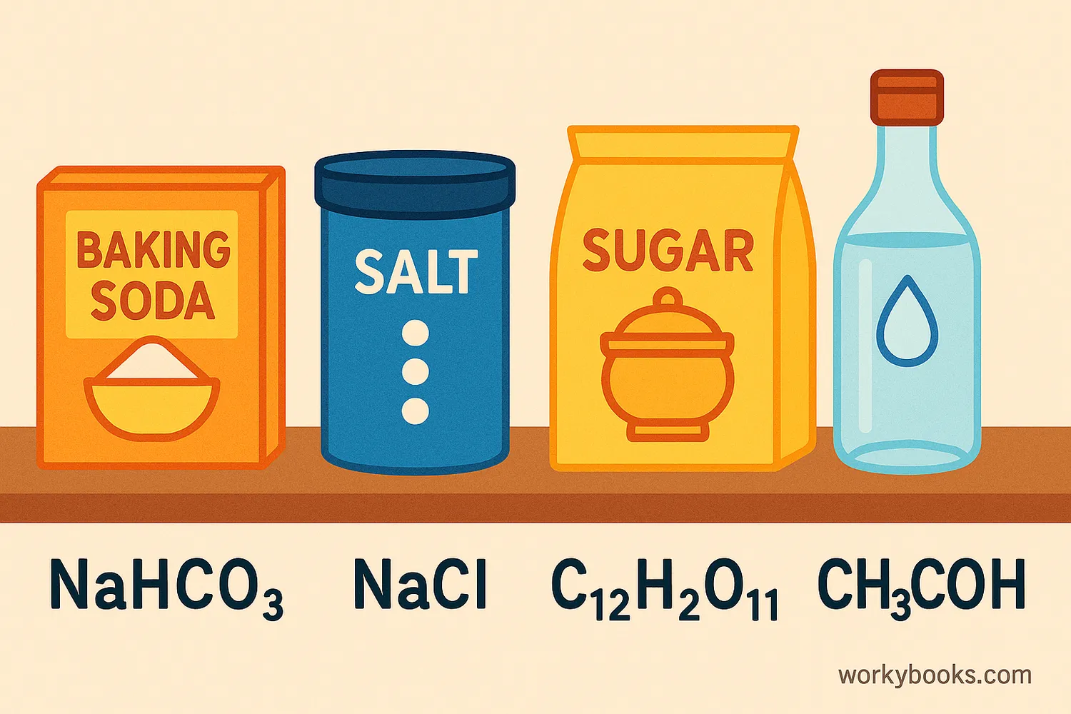 Collection of common substances with their chemical formulas: table salt (NaCl), sugar (C₁₂H₂₂O₁₁), baking soda (NaHCO₃), vinegar (CH₃COOH)