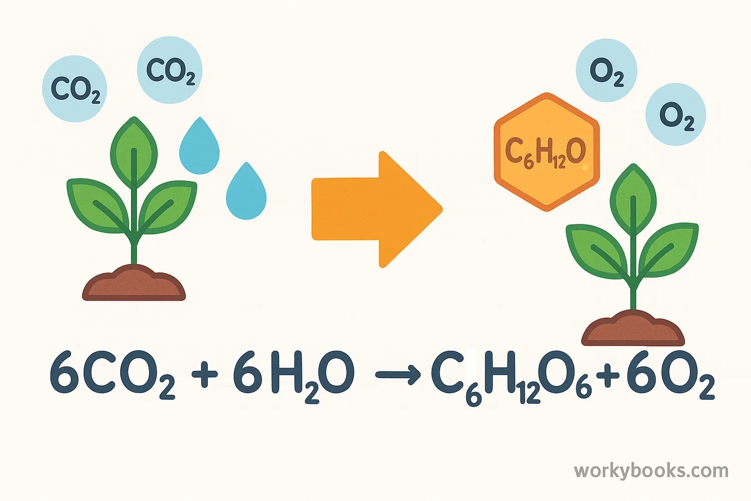 Balanced chemical equation showing photosynthesis with reactants (CO₂ + H₂O) and products (C₆H₁₂O₆ + O₂) on either side of an arrow
