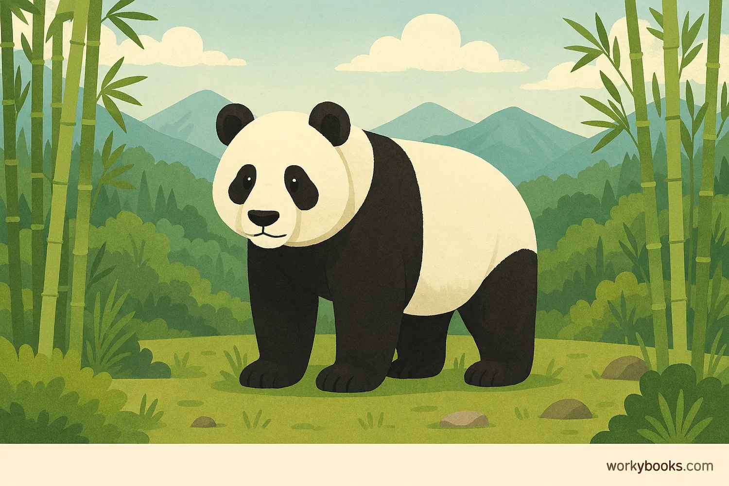 Giant panda in bamboo forest with mountains, showing conservation and biodiversity efforts. Image caption: Panda in nature reserve, surrounded by bamboo and mountains, symbolizing conservation success.