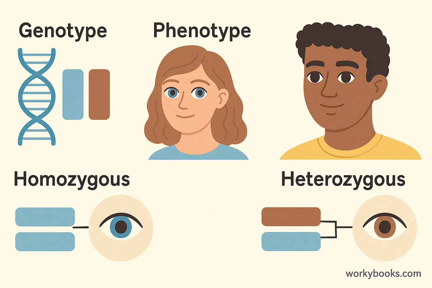 Genetics diagram showing genotype, phenotype, homozygous and heterozygous traits with eye color examples.
