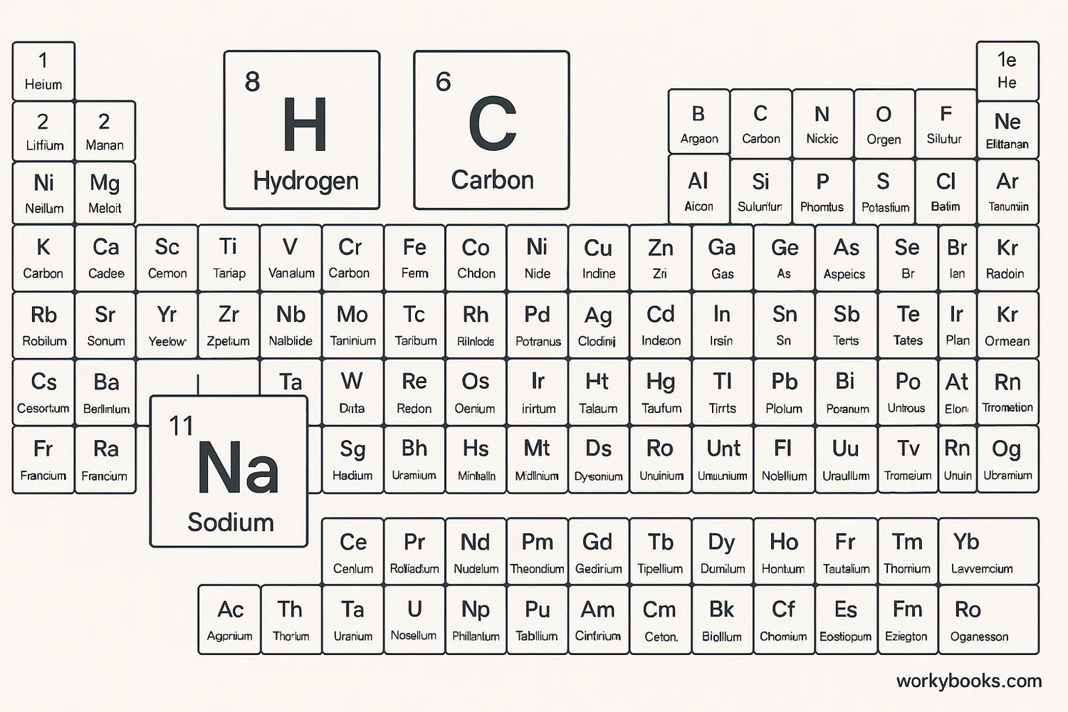 Periodic table showing various element symbols with highlighted common elements like H, O, C, and Na