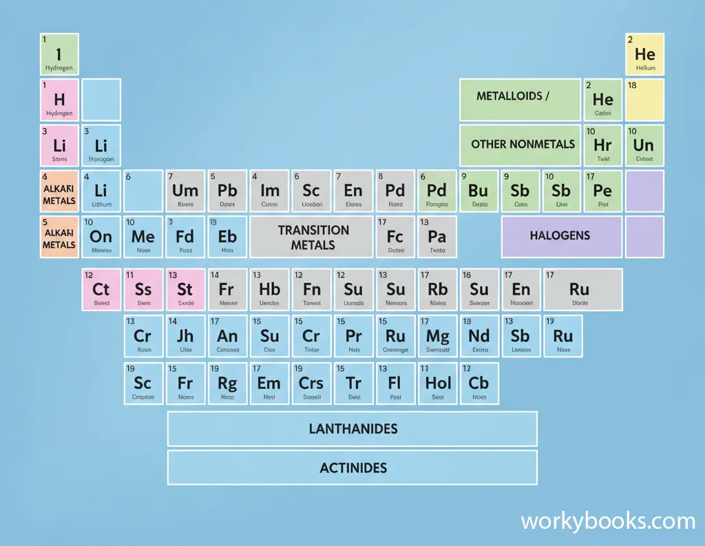 Colorful periodic table of elements with element symbols, atomic numbers, and atomic weights clearly visible