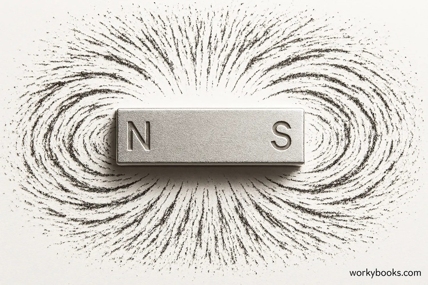 Bar magnet with iron filings showing the magnetic field pattern around it