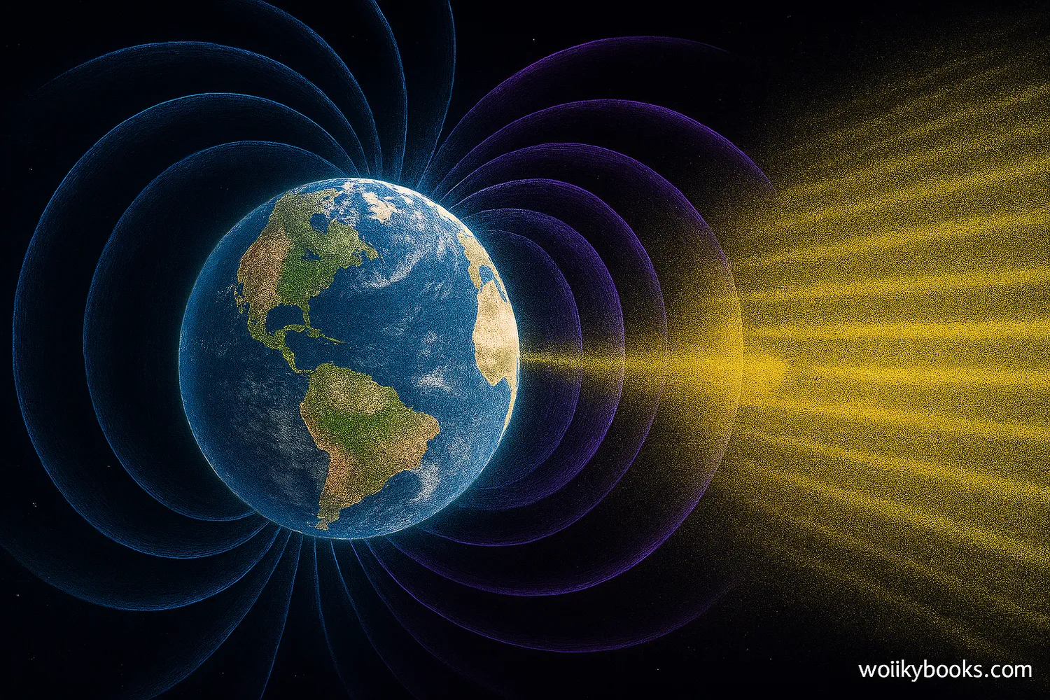 Diagram showing Earth's magnetic field with field lines extending from the south magnetic pole to the north magnetic pole