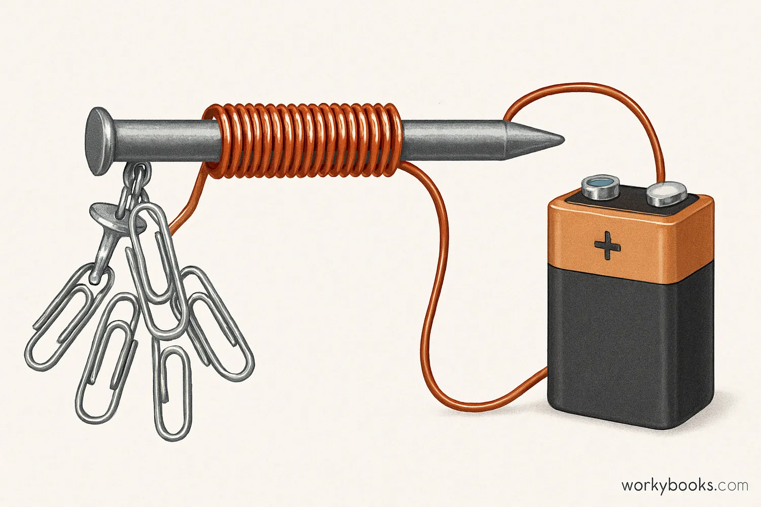 Electromagnet made from a nail with wire coiled around it, connected to a battery and picking up paperclips