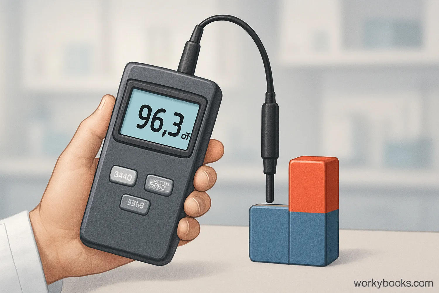 Scientist using a gaussmeter to measure the strength of a magnetic field