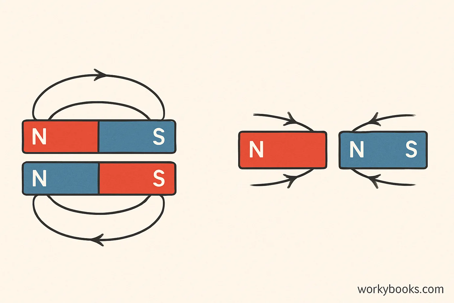 Two bar magnets showing attraction and repulsion forces with arrows indicating direction of force