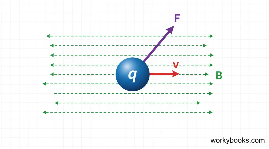 Diagram showing a charged particle moving through a magnetic field and experiencing a perpendicular force
