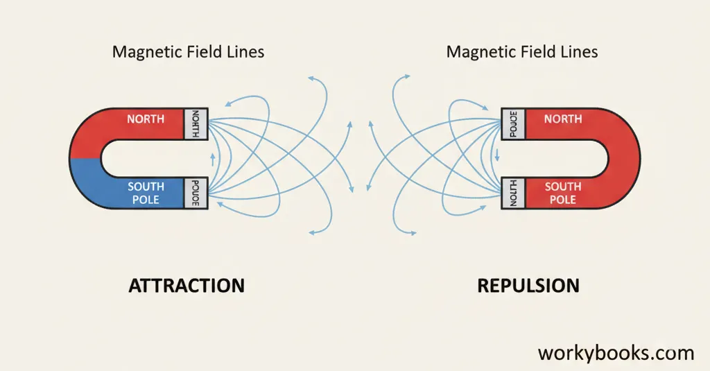 Diagram showing magnetic field lines between two magnets attracting and repelling