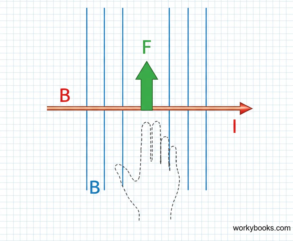 Diagram showing a current-carrying wire in a magnetic field experiencing a force