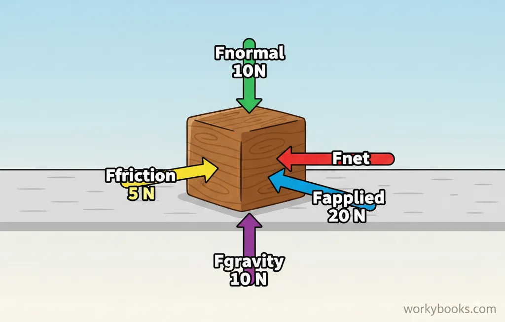Illustration showing multiple arrows (forces) acting on a box with one resulting arrow showing the net force direction