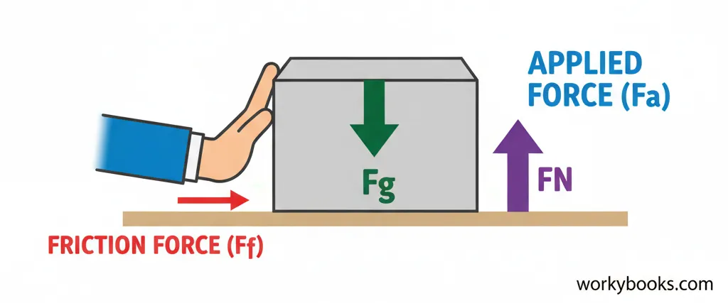 Diagram showing different types of forces including applied force, gravitational force, friction force, and normal force
