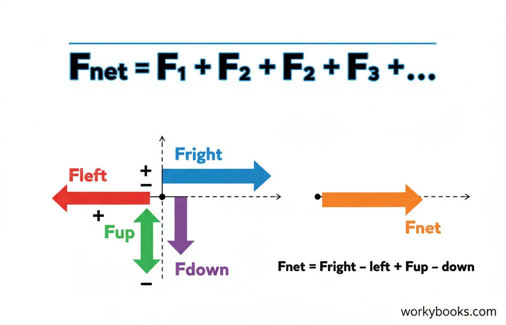Visual representation of the net force formula with arrows showing how individual forces combine