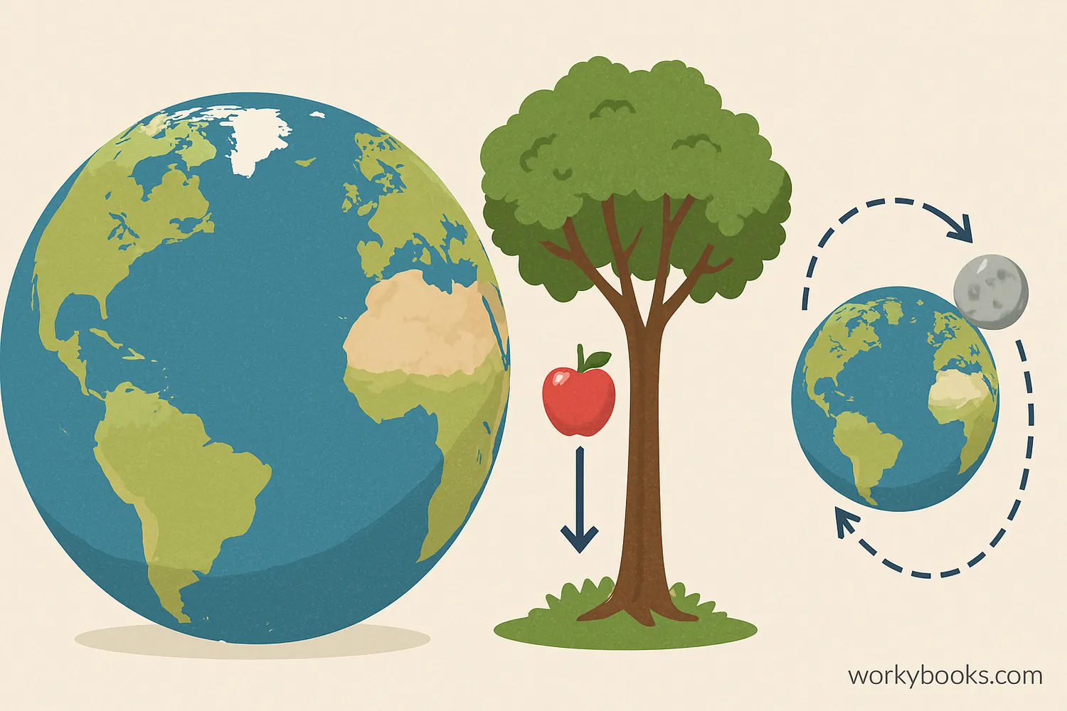 Diagram showing Earth's gravitational pull keeping the moon in orbit and apples falling from a tree
