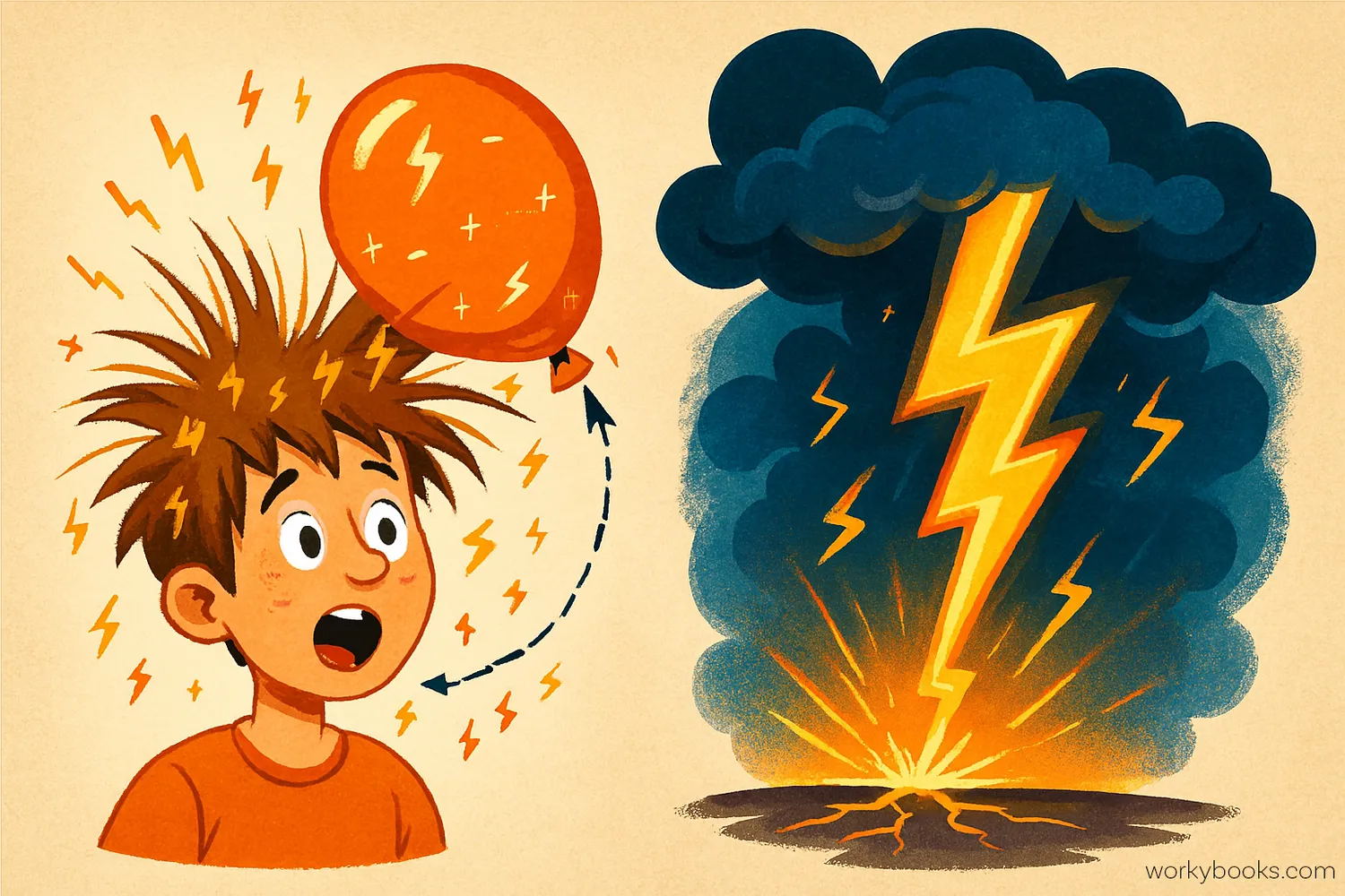 Illustration showing static electricity with hair standing up after rubbing a balloon and lightning during a storm