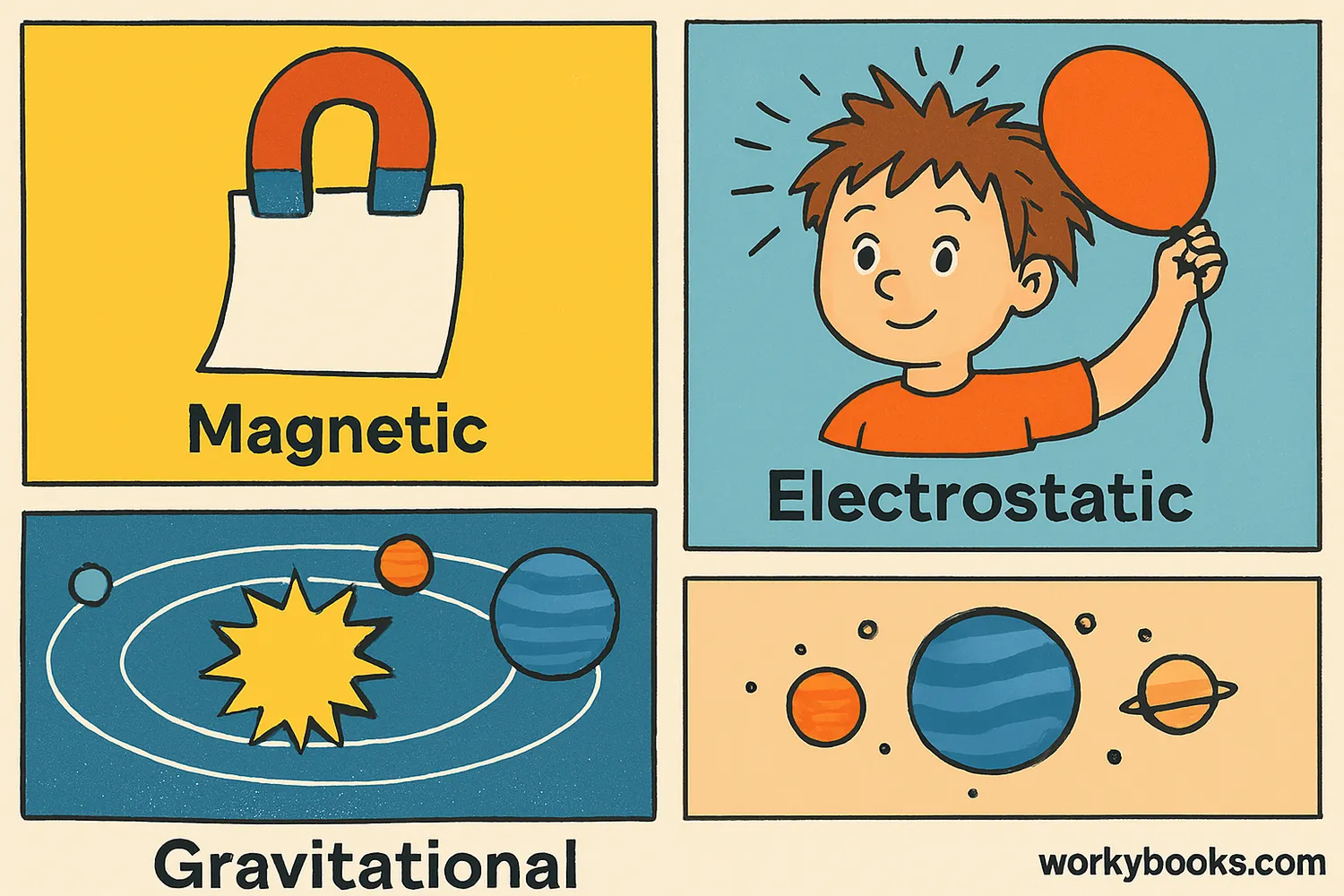 Collage showing various examples of non-contact forces in everyday life