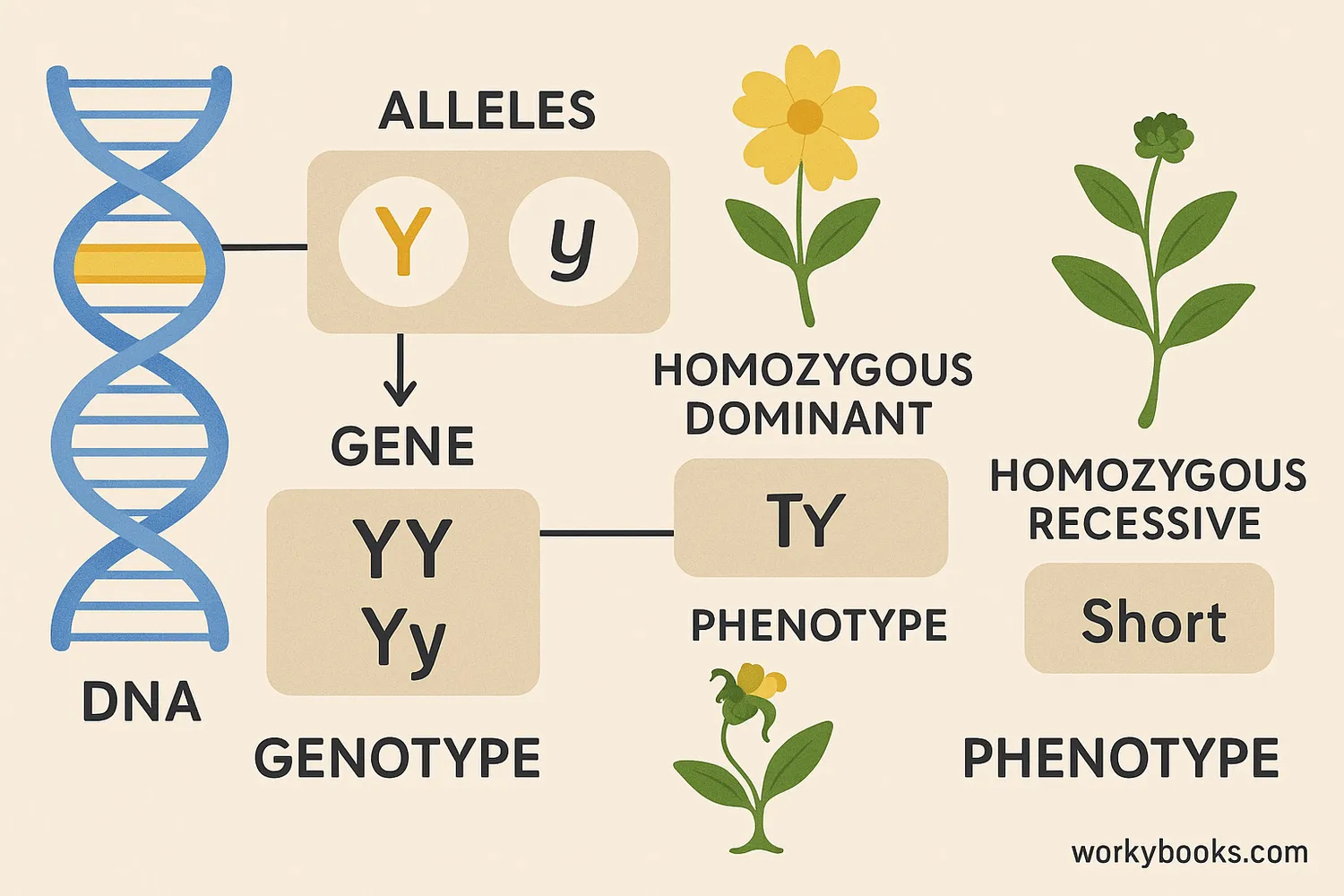 Genetics diagram showing DNA, alleles, genotypes, and phenotypes in plants and humans