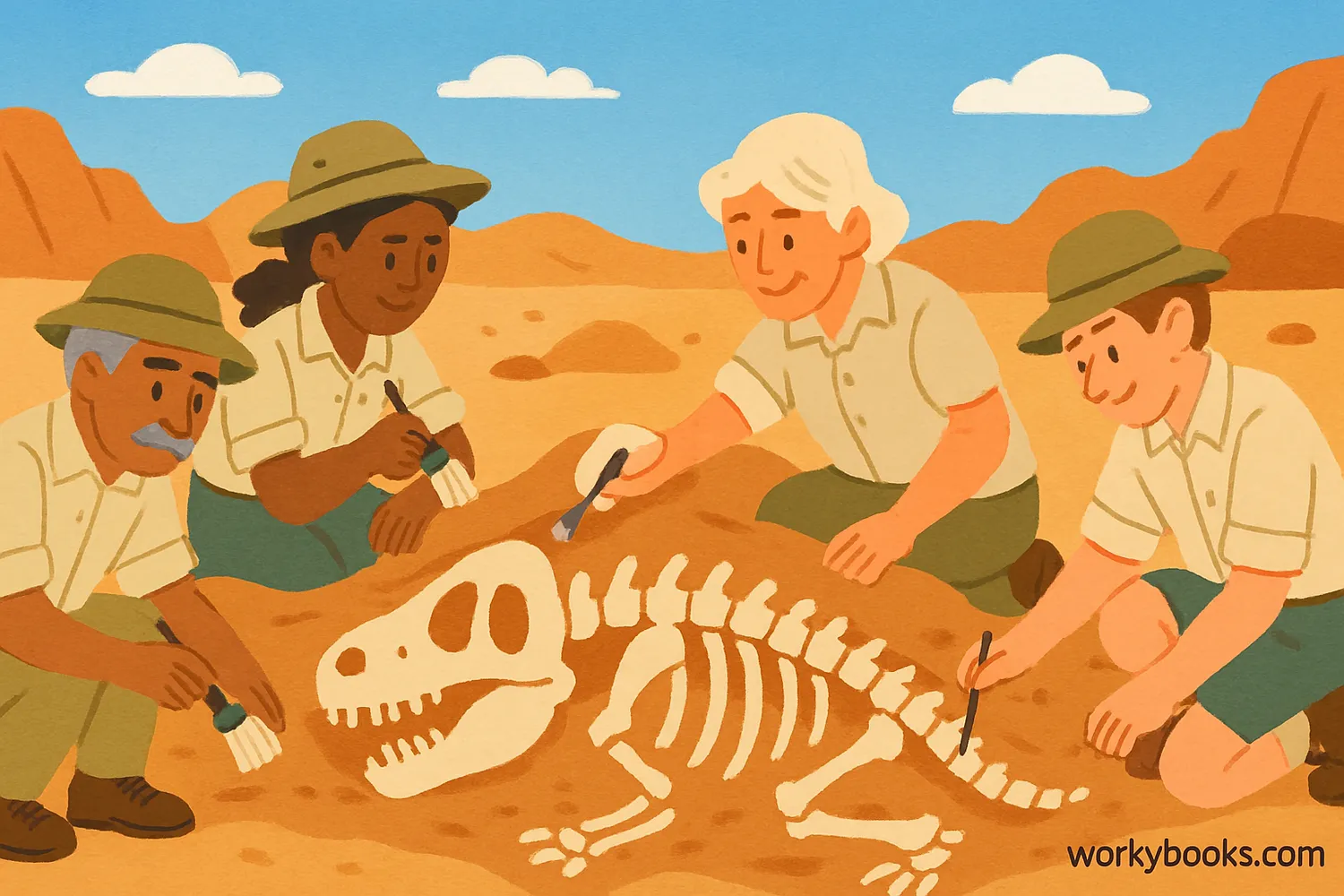 Illustration of paleontologists carefully excavating dinosaur fossils at a dig site