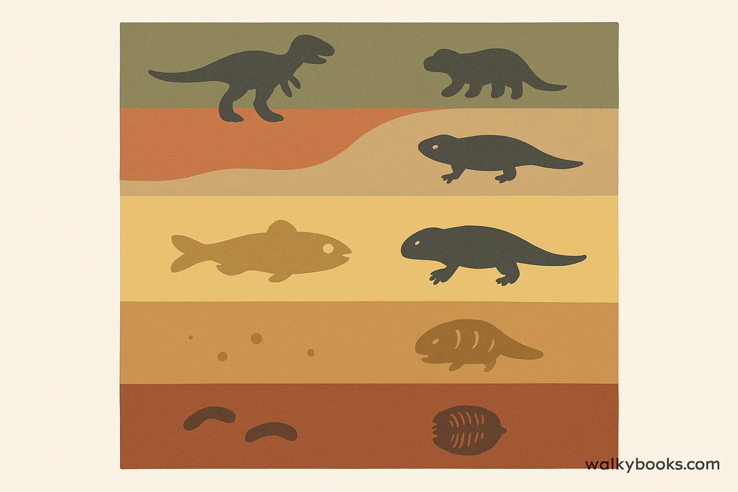 Illustration of the geological time scale showing different eras with representative organisms for each period