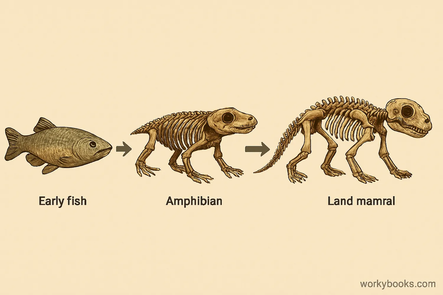 Diagram showing the evolutionary progression from early fish to amphibians to reptiles to mammals with representative fossils