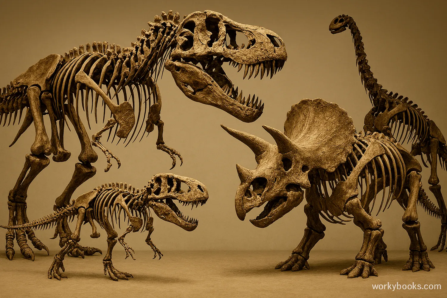 Museum display showing various dinosaur skeletons including a T-Rex and Triceratops in dramatic poses