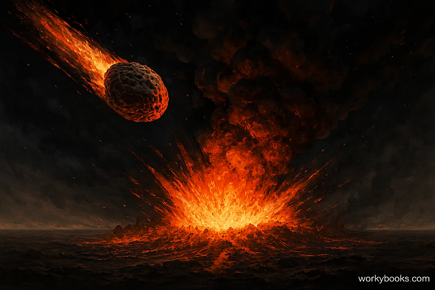 Artistic depiction of the asteroid impact that may have caused the dinosaur extinction, showing dramatic environmental changes