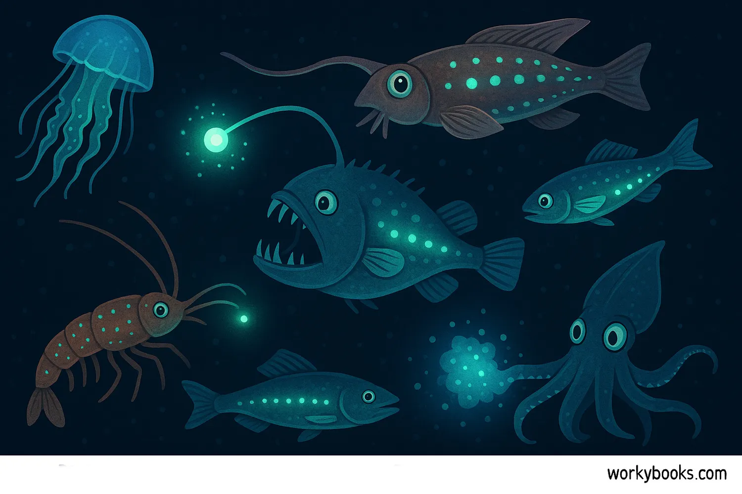 Bioluminescent deep-sea creatures glow in darkness, showing survival tactics in ocean depths.