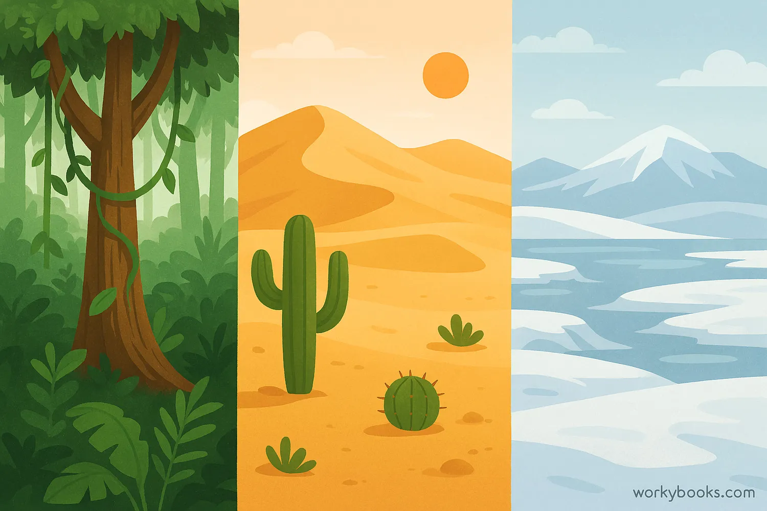Rainforest, desert, and tundra biomes shown side-by-side, shaped by climate differences. Image caption: Three biomes—rainforest, desert, tundra—illustrated to show climate’s role in shaping ecosystems.