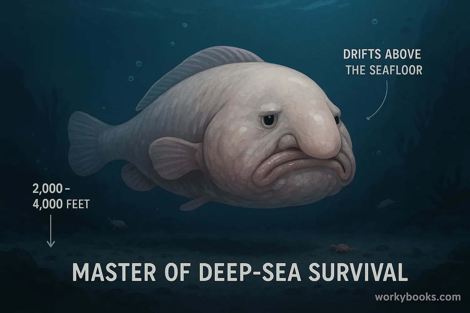 Blobfish floating above deep-sea floor, surrounded by crustaceans and labeled adaptations.