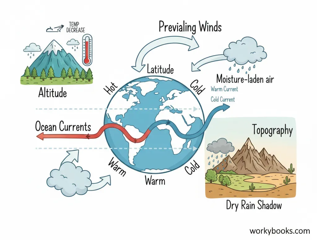 Diagram showing natural factors affecting climate including latitude, altitude, ocean currents, and wind patterns