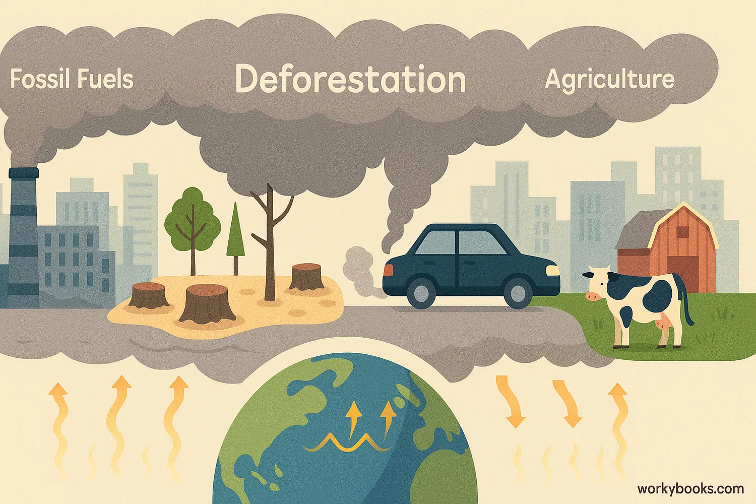 Illustration showing human activities that impact climate including factories, vehicles, deforestation, and agriculture