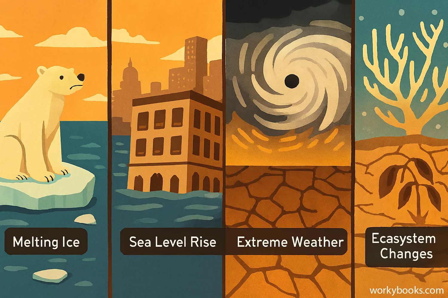 Visual representation of climate change impacts including melting ice, extreme weather, sea level rise, and ecosystem changes