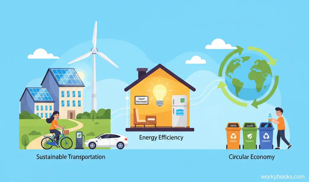 Illustration showing climate solutions including renewable energy, tree planting, sustainable transportation, and energy efficiency