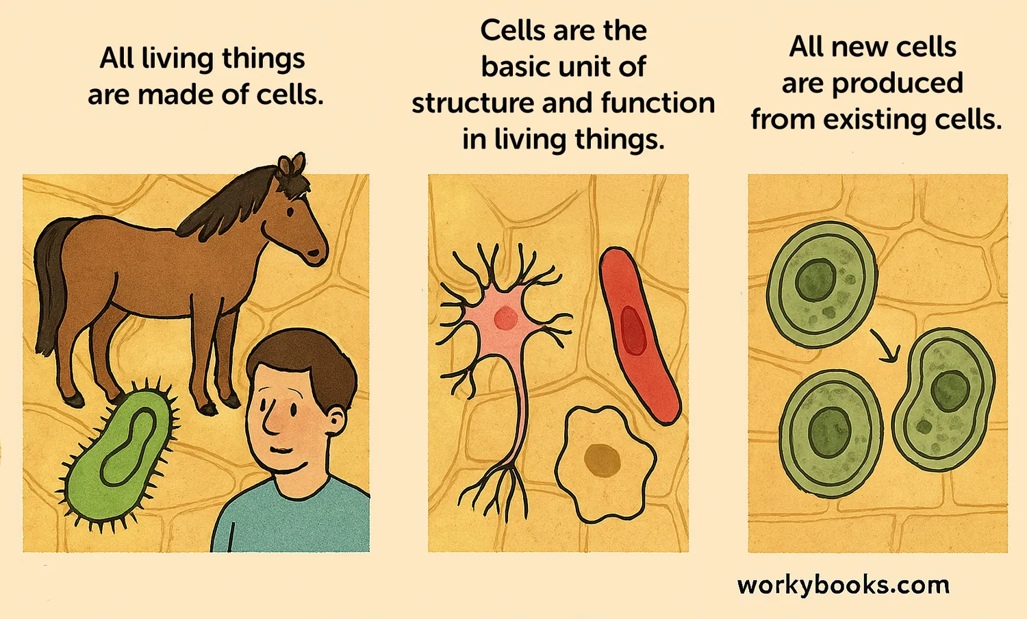 Three-part cartoon showing cell theory: organisms, cell functions, and cell division with onion skin background.
