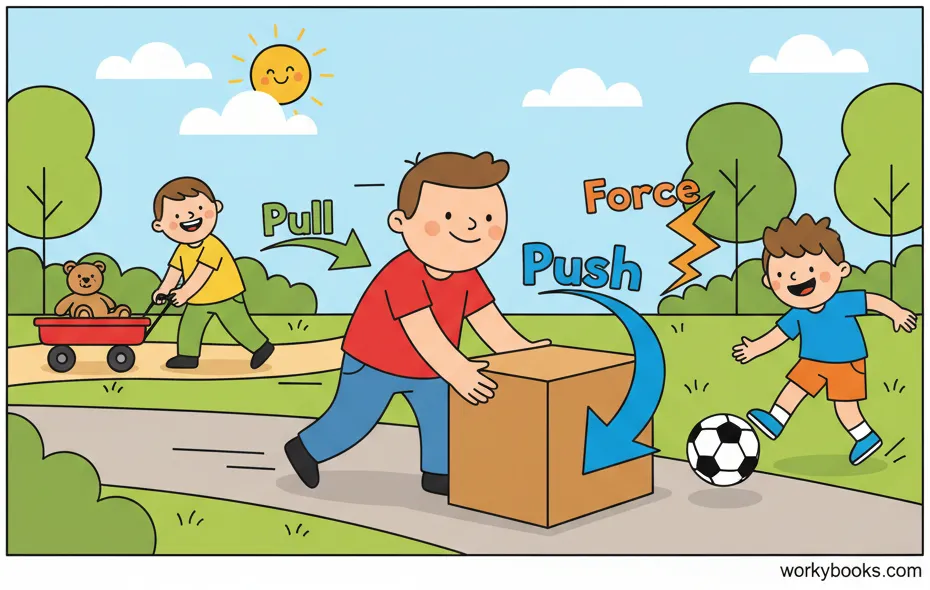 Illustration showing various forces in action: a person pushing a box, a ball being thrown, and a magnet attracting metal objects
