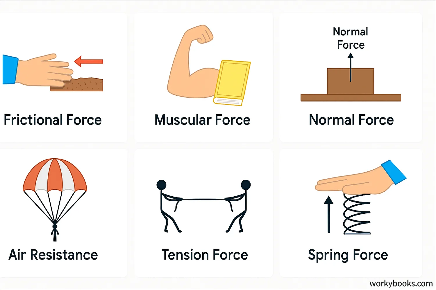 Diagram showing different types of contact forces: friction, tension, normal force, air resistance, and spring force