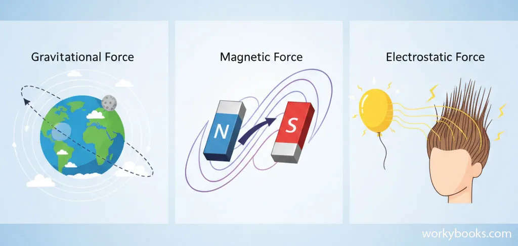 Examples of non-contact forces: magnets attracting and repelling, Earth's gravitational pull on the Moon, static electricity making hair stand up