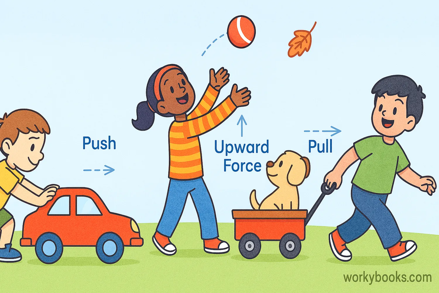 Illustration showing different types of forces like pushing, pulling, and gravity acting on objects