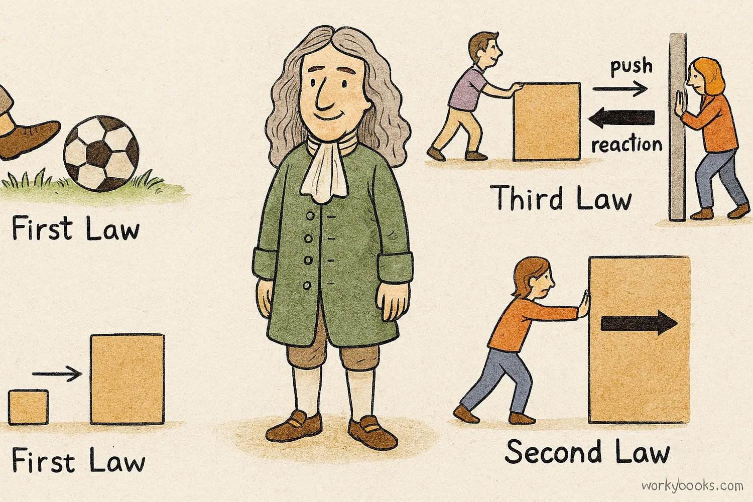Illustration of Sir Isaac Newton with visual representations of his three laws of motion