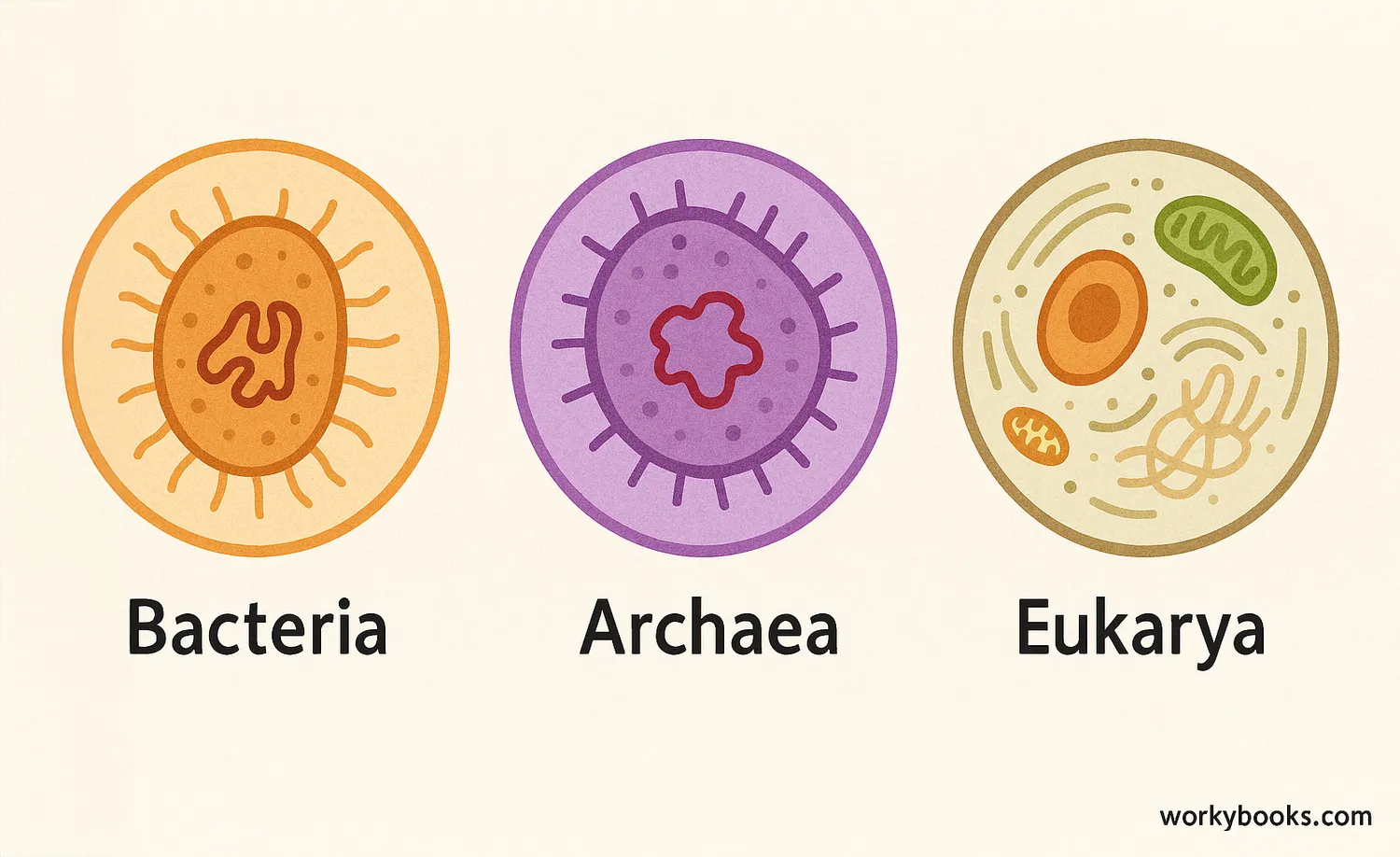 Three colorful cells show Bacteria, Archaea, and Eukarya with distinct internal structures.