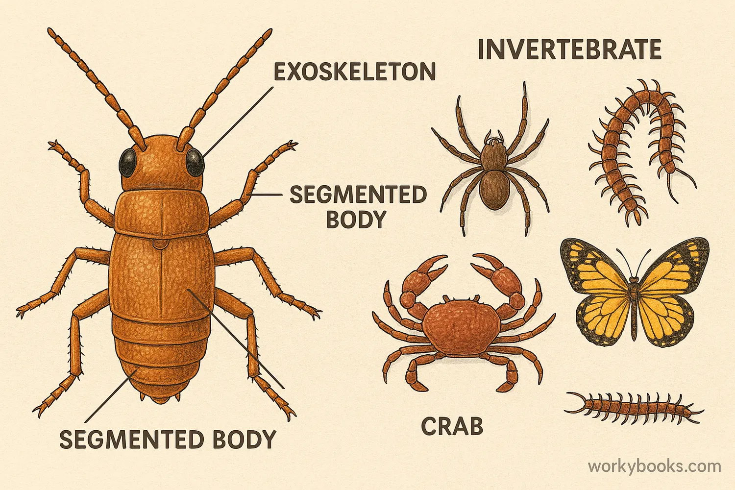 Wide illustration of arthropods showing exoskeletons, segmented bodies, and jointed appendages.