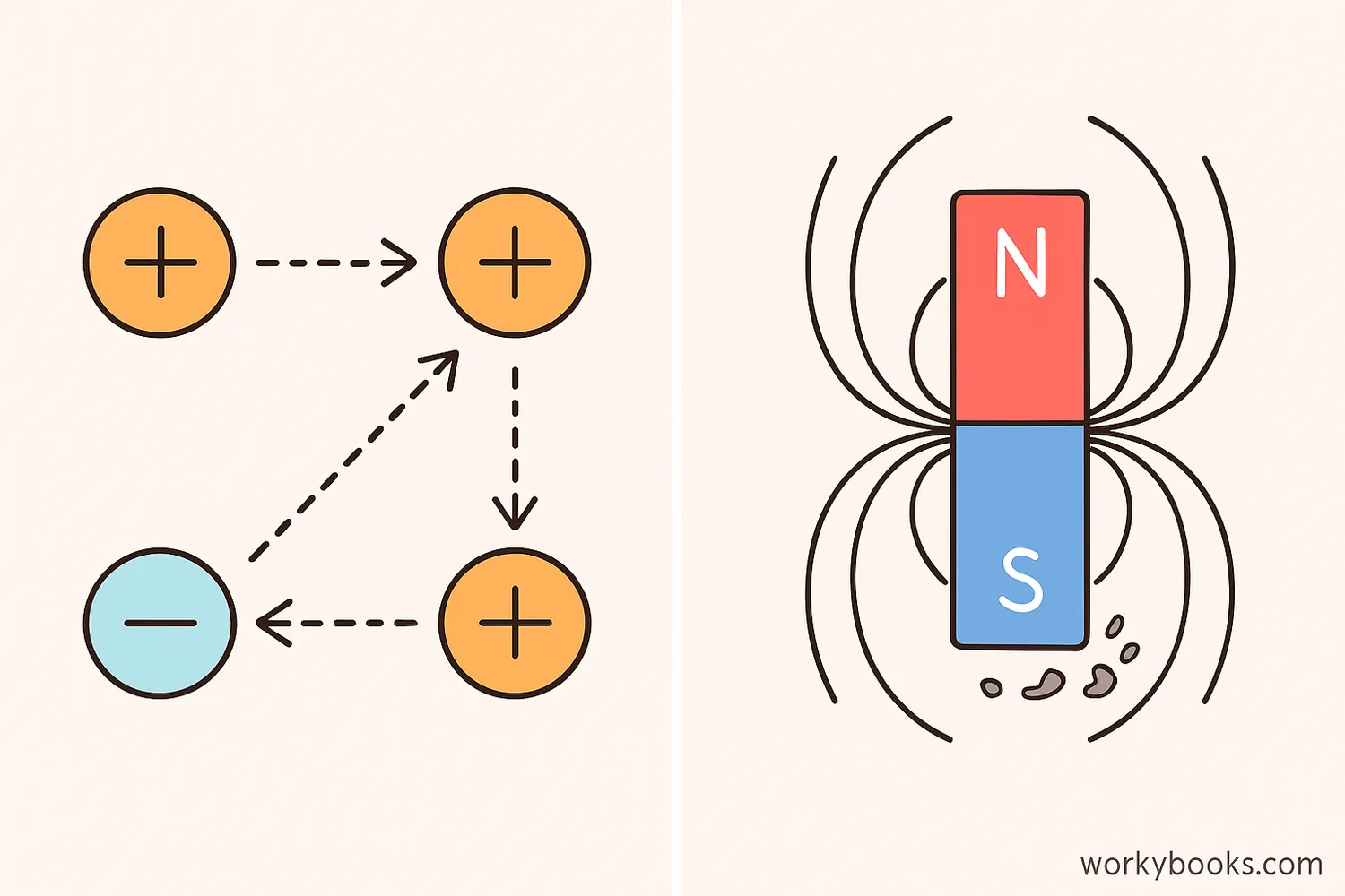Illustration showing electric charges attracting and repelling, and magnets with north and south poles
