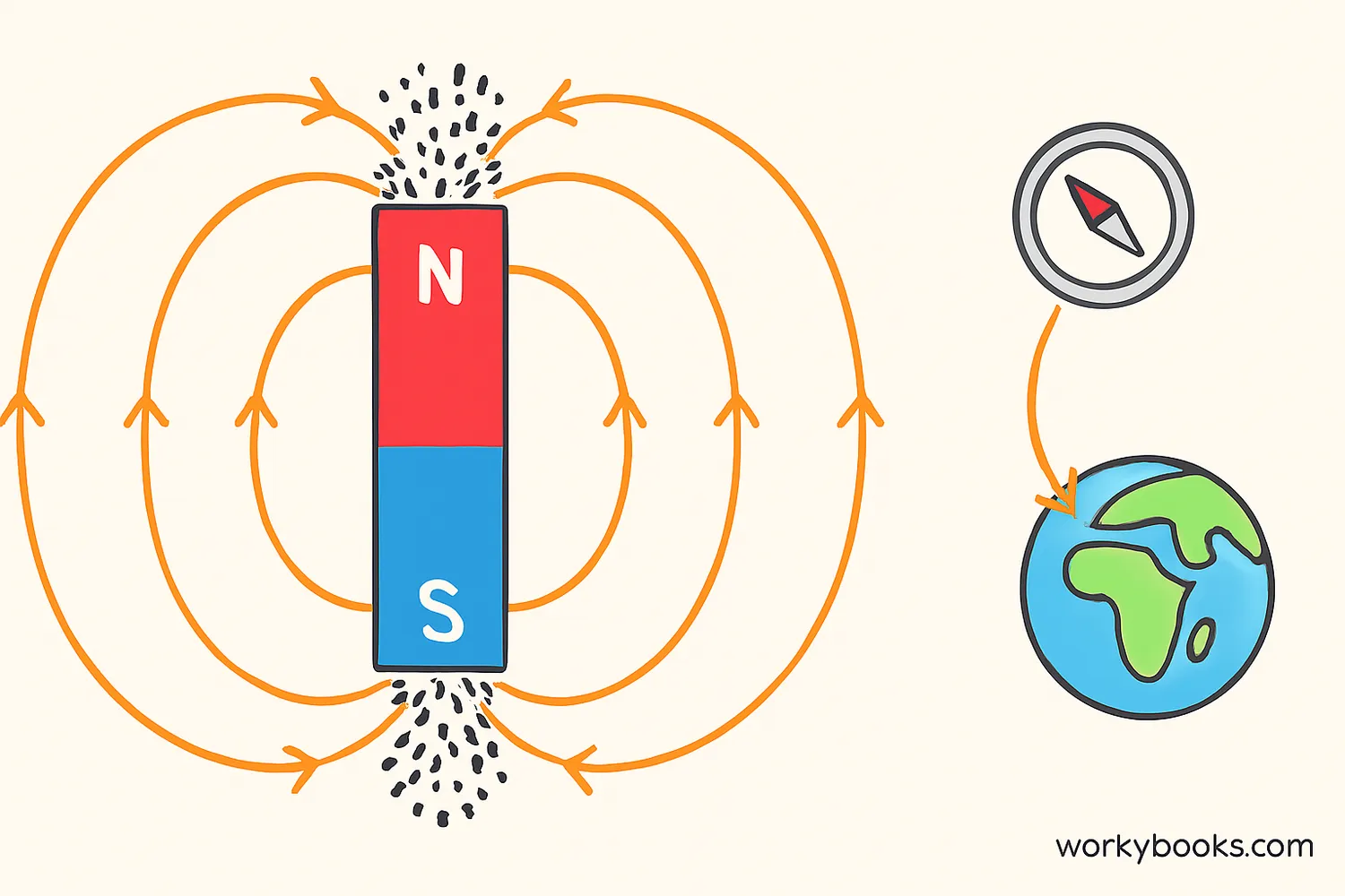 Illustration of a bar magnet with field lines showing north and south poles and iron filings aligning with the magnetic field