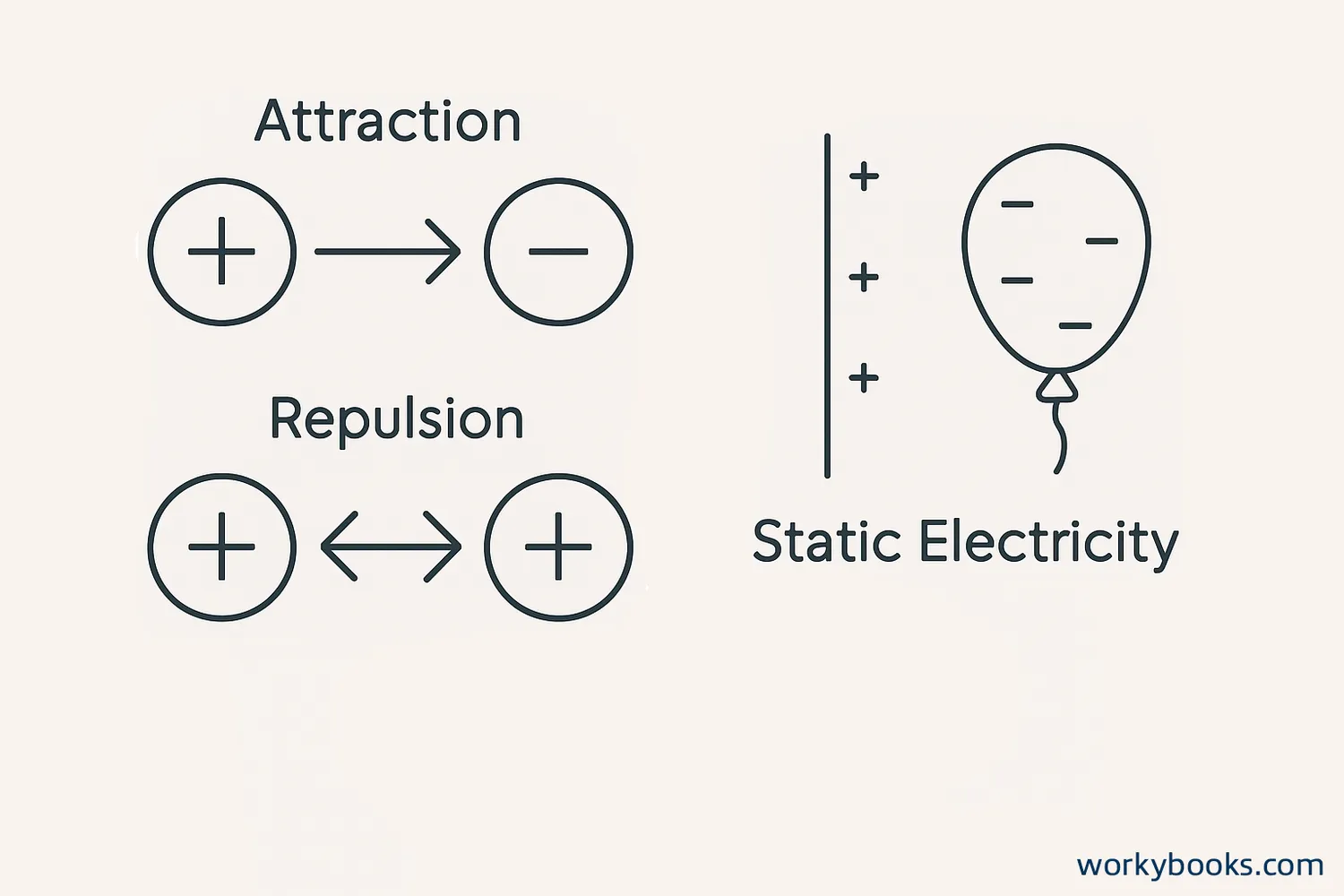 Illustration showing positive and negative charges with arrows indicating attraction and repulsion