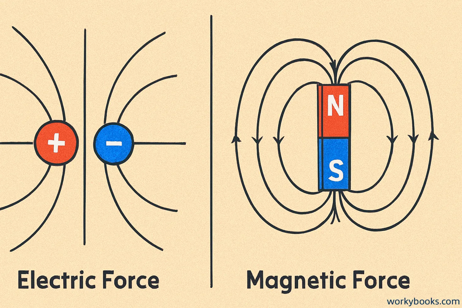 Side-by-side comparison diagram showing electric field lines between charges and magnetic field lines around a bar magnet