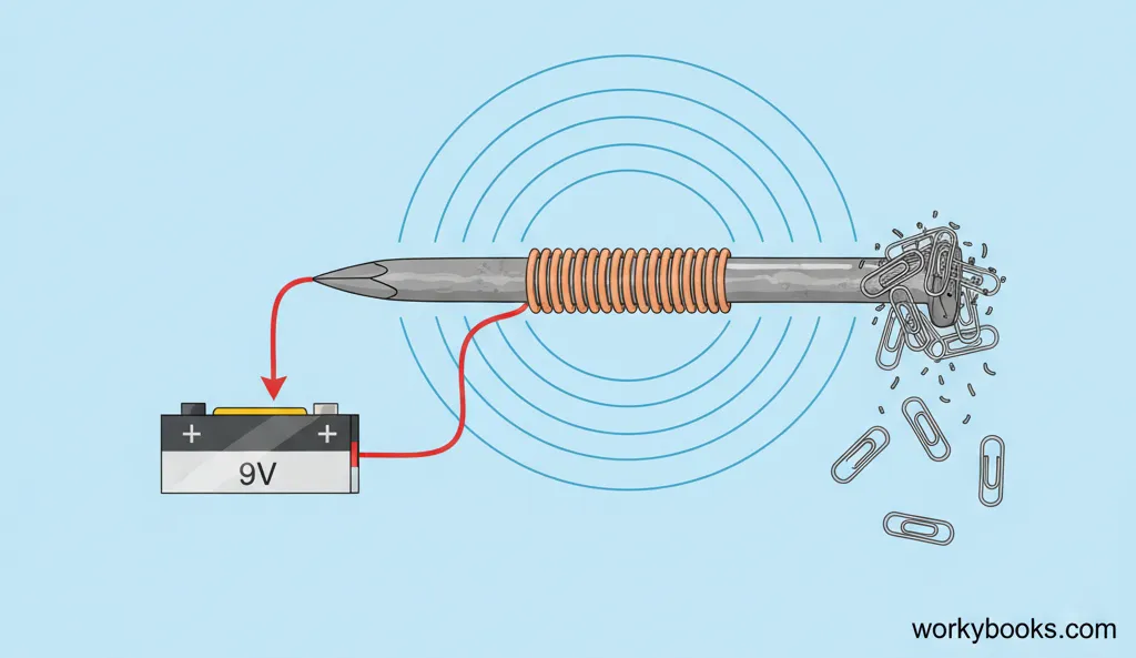 Illustration of an electromagnet with a battery powering a coil of wire around an iron core, picking up metal objects