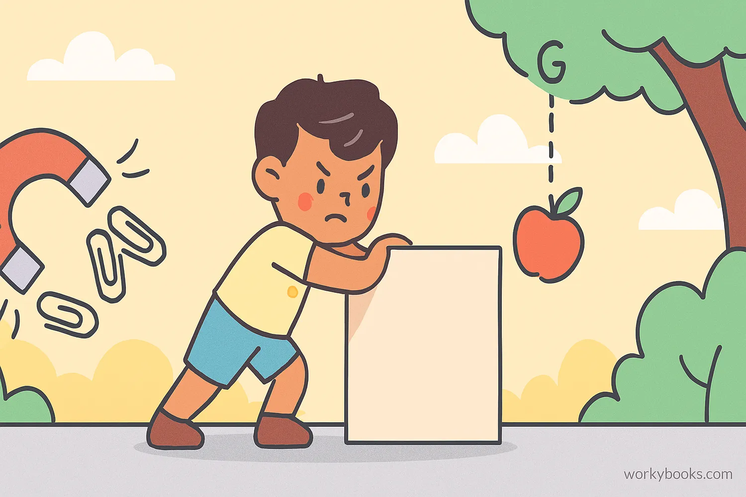 Illustration showing different types of forces: a child pushing a box, a magnet attracting metal objects, and gravity pulling an apple downward