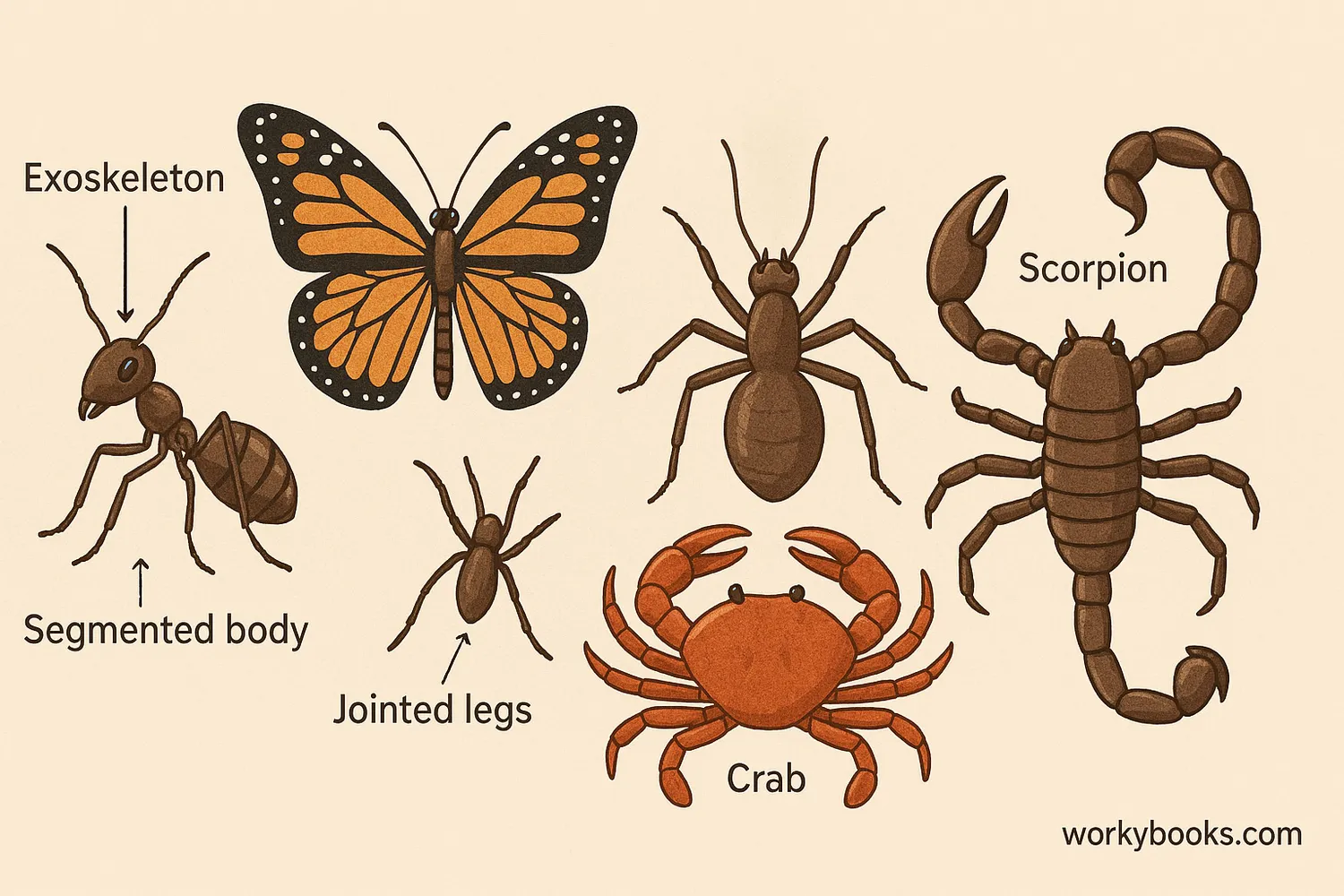 Colorful arthropods showing exoskeletons, jointed legs, and segmented bodies across diverse habitats.