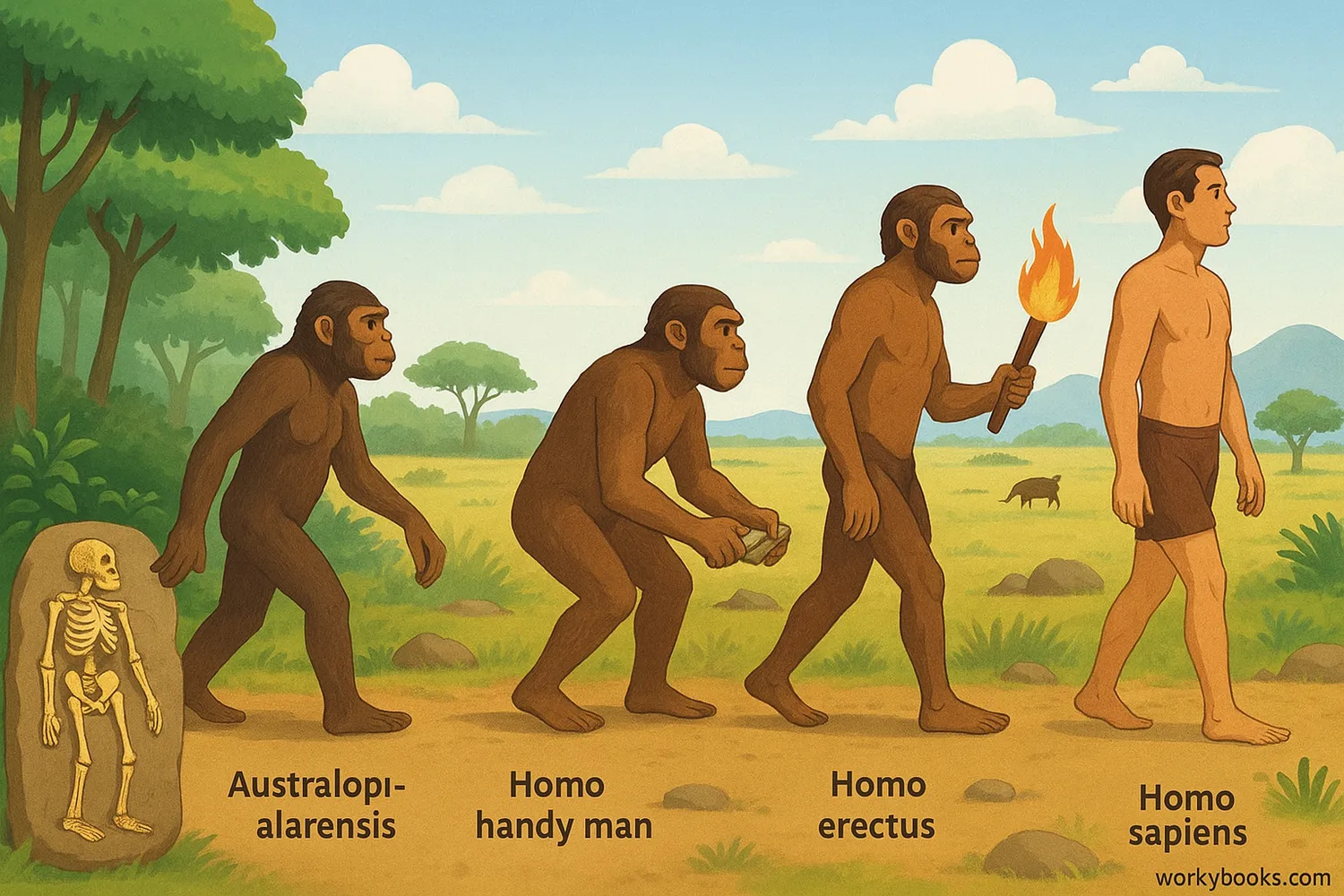 Evolution of hominids from Australopithecus to Homo sapiens in a natural landscape.